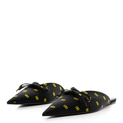 Balenciaga Crepe Satin BB Printed Pointy Toe Knife Flat Mules 36.5 Black Yellow 3 of 9