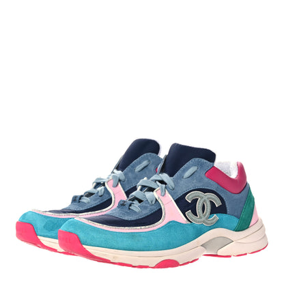 Chanel Nylon Calfskin Suede CC Sneakers 39.5 Navy Turquoise 3 of 16