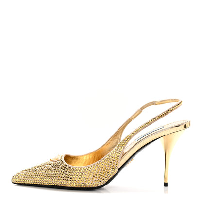 Prada Satin Crystal Triangle Logo 85mm Slingback Pumps 39 Platino 1 of 14