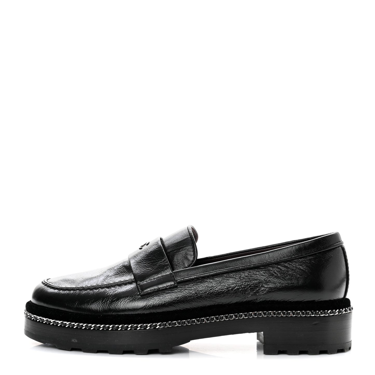 Crinkled Calfskin Velvet CC Chain Mocassin Loafers 39.5 Black