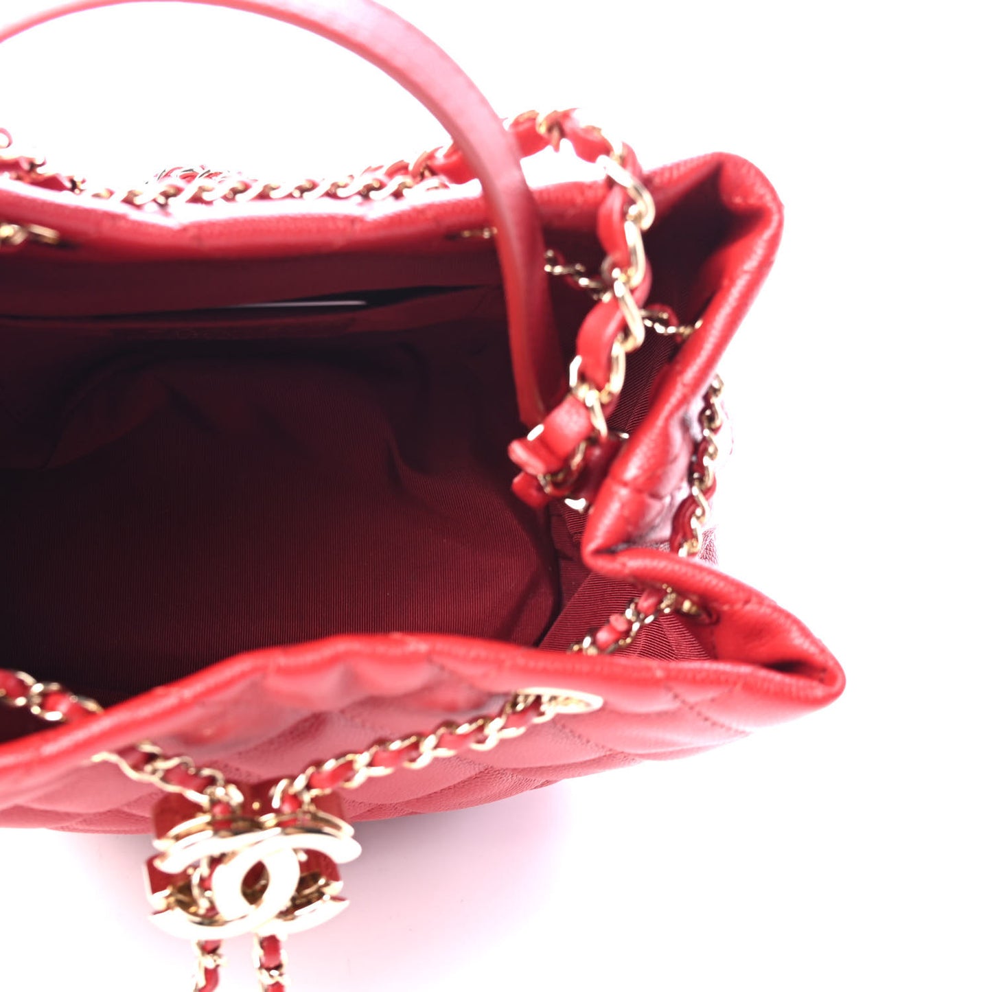 Caviar Quilted Rolled Up Bucket Drawstring Bag Red