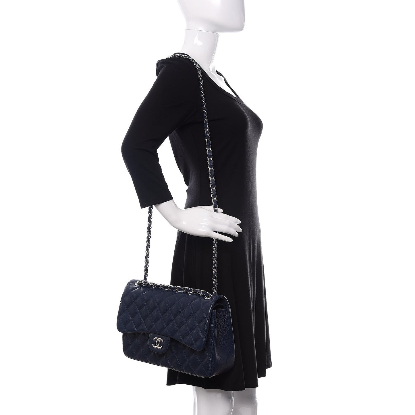Caviar Quilted Jumbo Double Flap Navy Blue