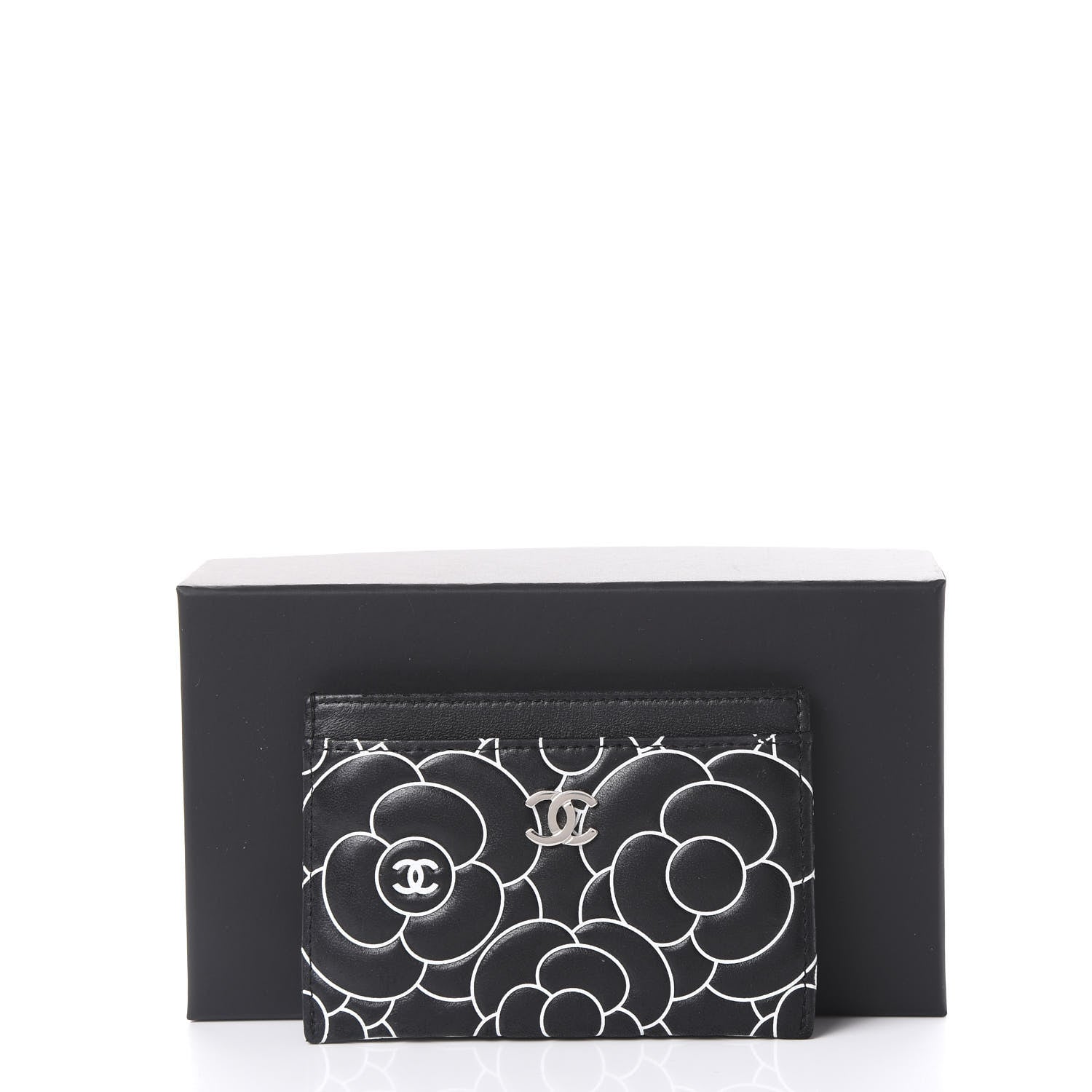 Chanel Lambskin Camellia Embossed Card Holder Black White 11 of 11