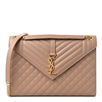 Saint Laurent Grain De Poudre Mixed Matelasse Large Triquilt Monogram Satchel Dark Beige 1 of 9