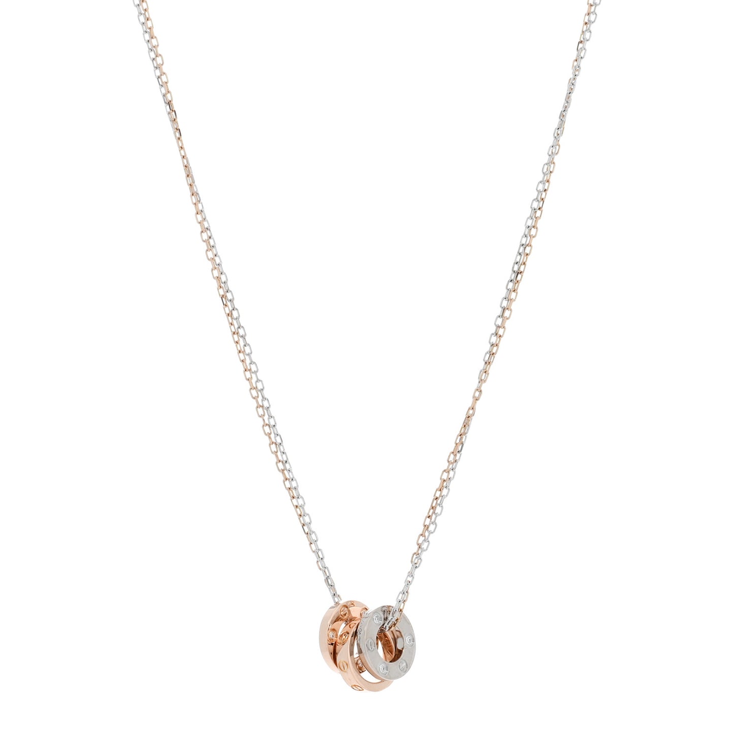 18K White Pink Gold Diamond Three Ring LOVE Pendant Necklace