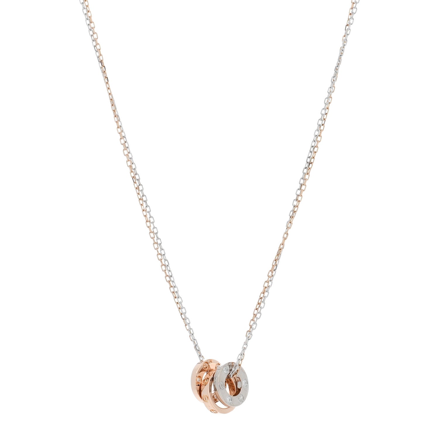 Cartier 18K White Pink Gold Diamond Three Ring LOVE Pendant Necklace 1 of 4