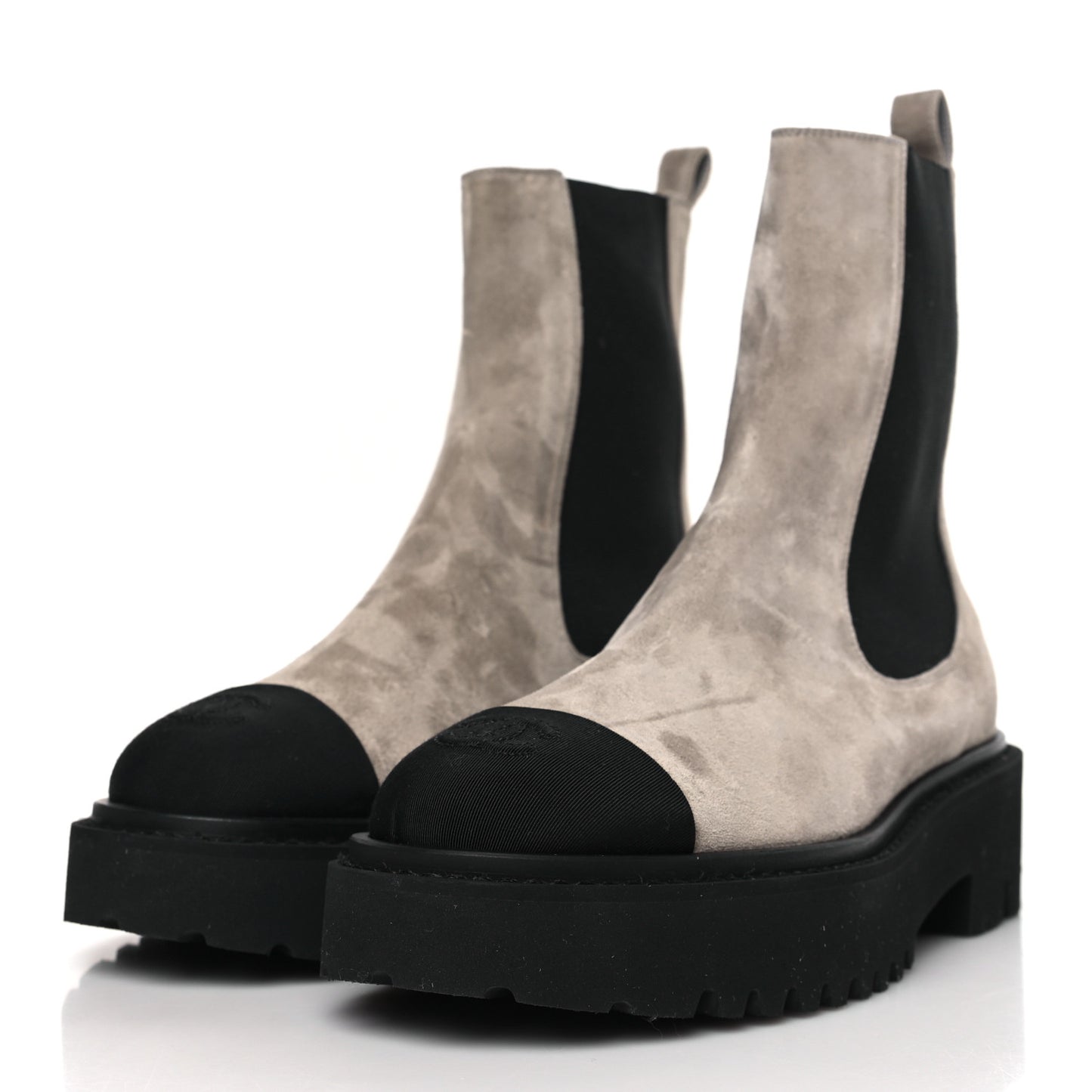 Suede Calfskin Grossgrain Cap Toe CC Ankle Boots 37.5 Light Grey Black