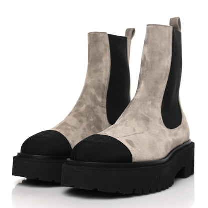 Chanel Suede Calfskin Grossgrain Cap Toe CC Ankle Boots 37.5 Light Grey Black 3 of 9