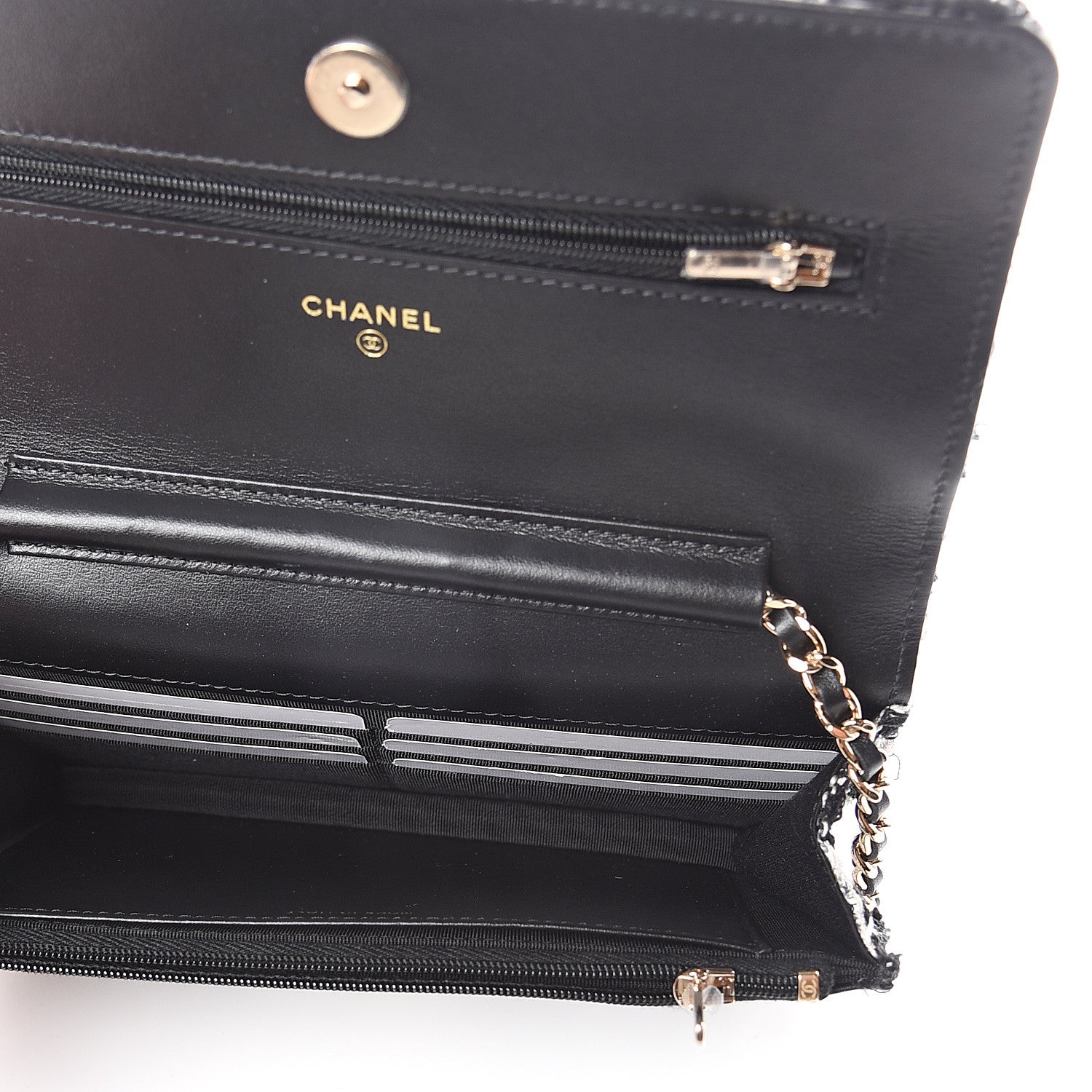 Chanel Tweed Quilted Wallet On Chain WOC Black Ecru White 4 of 9
