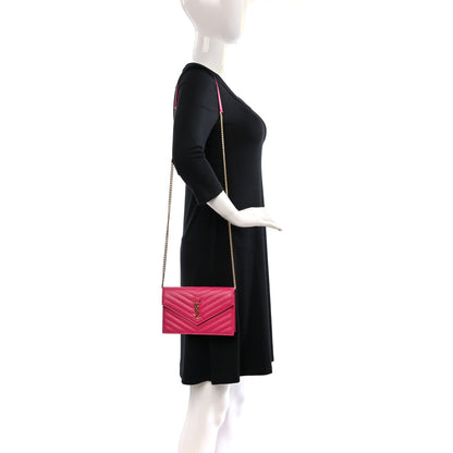 Saint Laurent Grain De Poudre Matelasse Chevron Monogram Envelope Chain Wallet Fresh Fuchsia 2 of 8