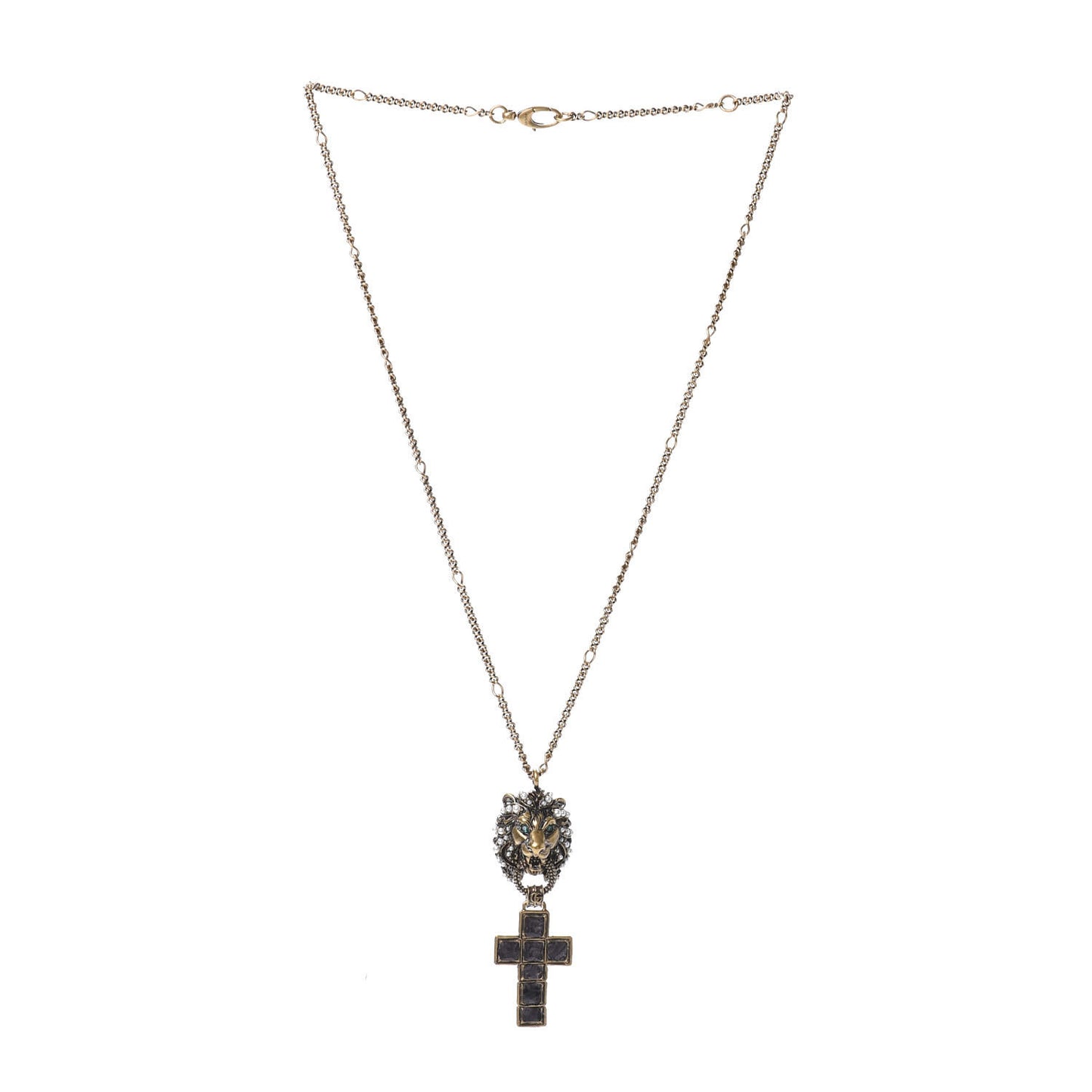 Metal Lion Head Pearl Crystal Crucifix Necklace Aged Gold
