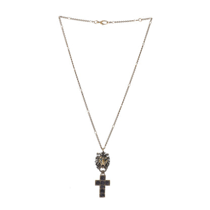 Gucci Metal Lion Head Pearl Crystal Crucifix Necklace Aged Gold 3 of 4