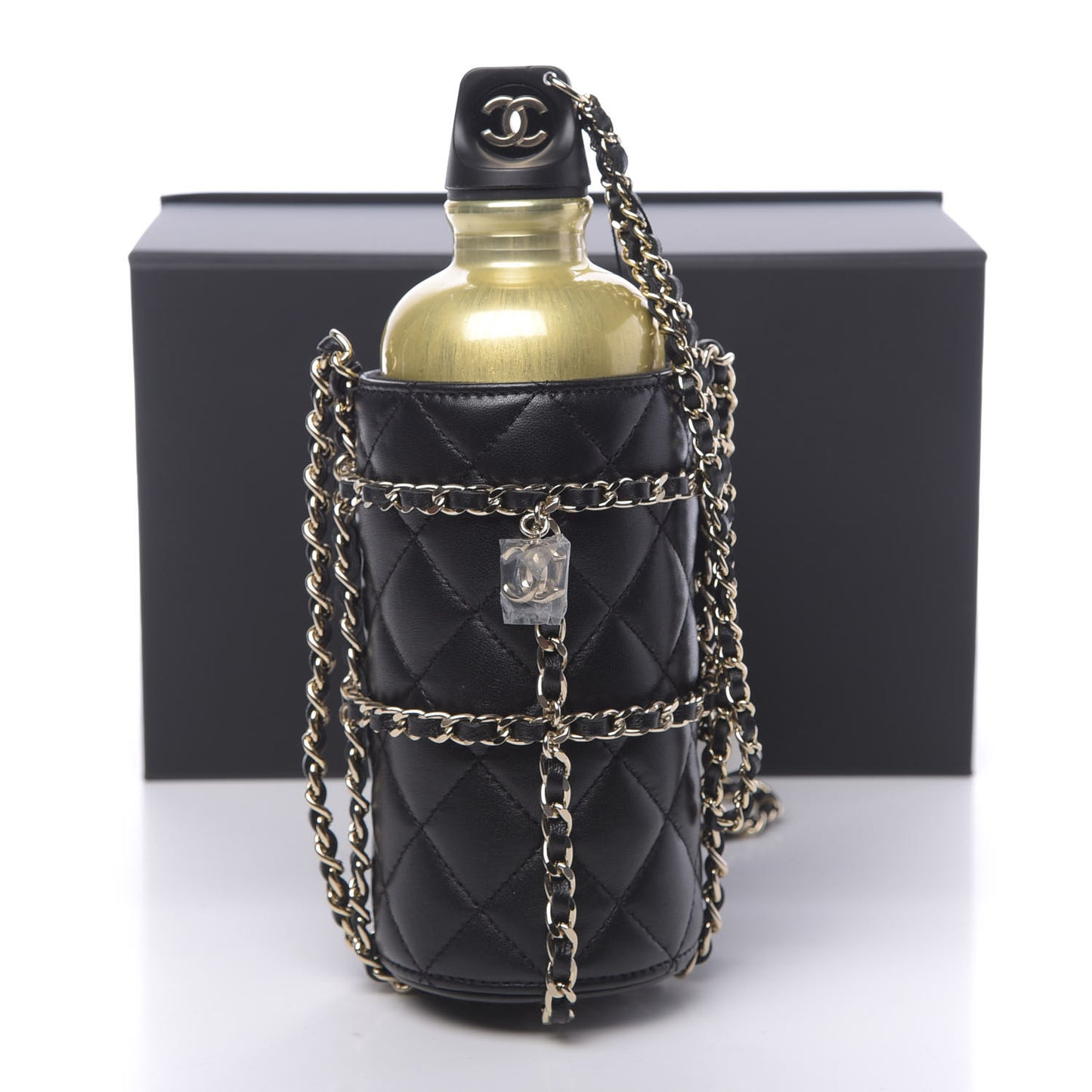 Lambskin Quilted CC To Drink Water Bottle Black Gold