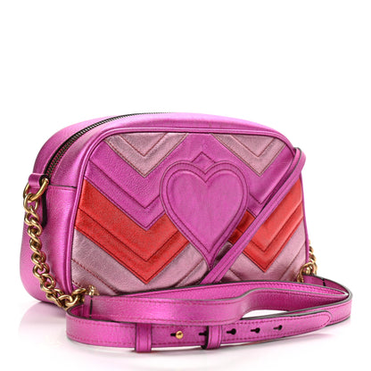 Gucci Laminated Nappa Matelasse Small GG Marmont Chain Shoulder Bag Fuxia Rosso Rosa 3 of 12