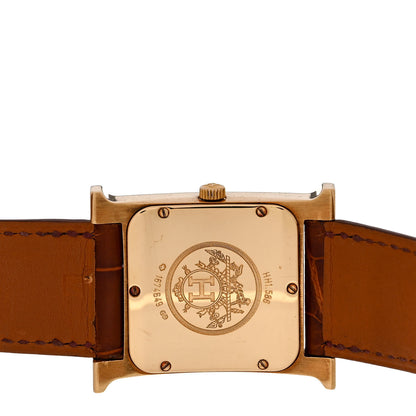 Hermes 18K Yellow Gold Alligator Diamond Bezel 21mm Heure H Hour Quartz Watch Brown 4 of 5