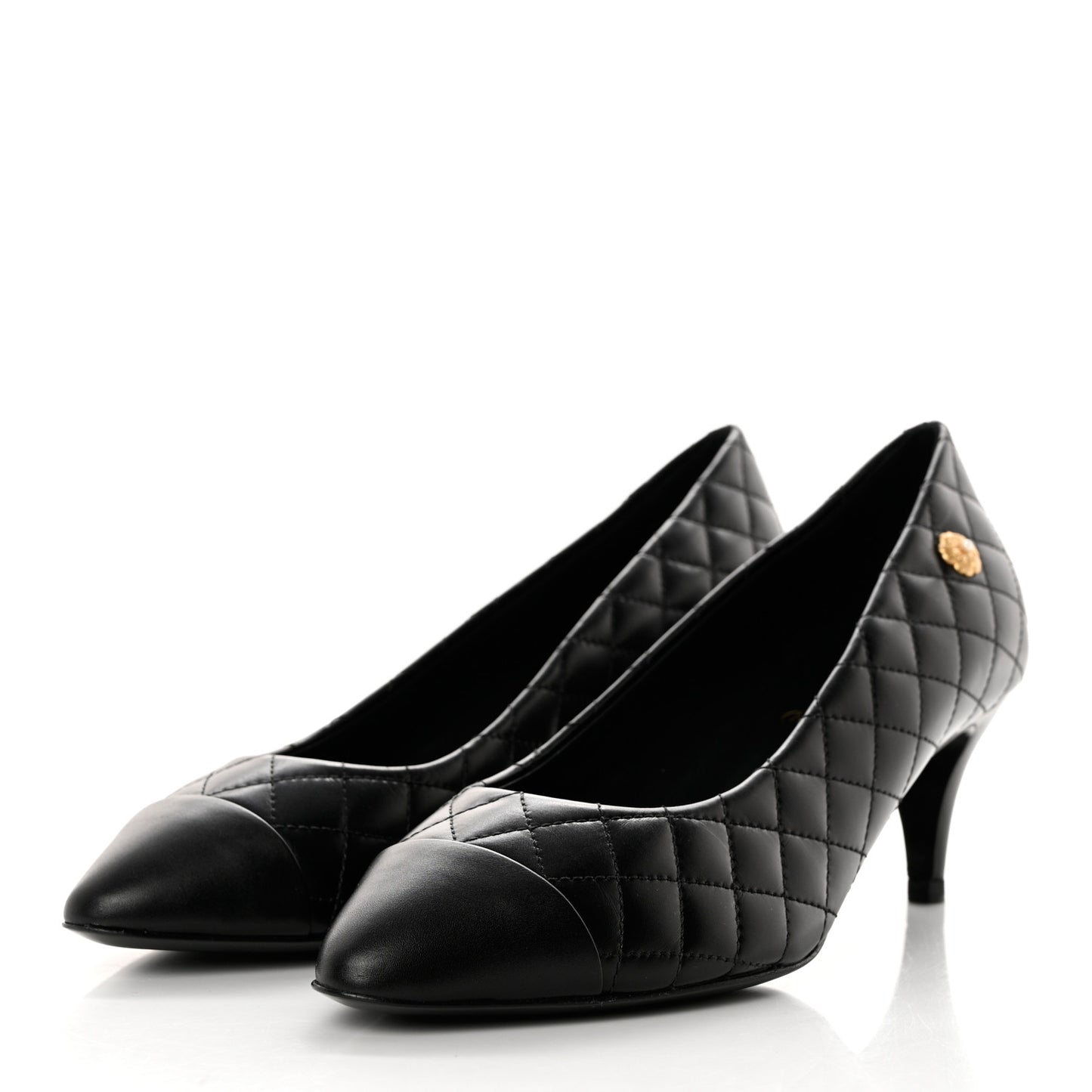 Calfskin Quilted Cap Toe Camellia Pumps 37 Black