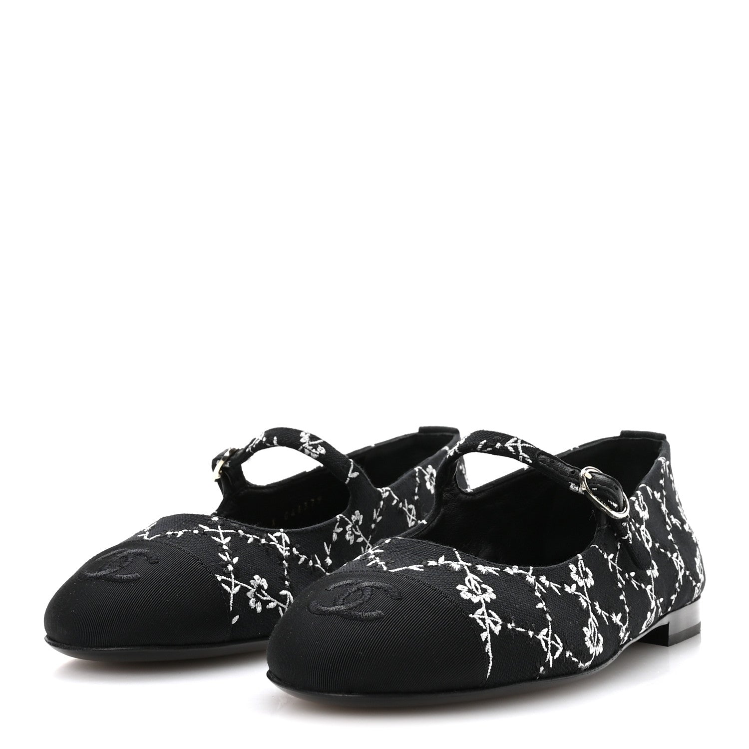 Chanel Grosgrain Floral Embroidered CC Cap Toe Ballerina Flats 37 Black White 4 of 9