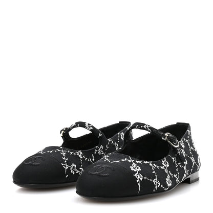 Chanel Grosgrain Floral Embroidered CC Cap Toe Ballerina Flats 37 Black White 4 of 9