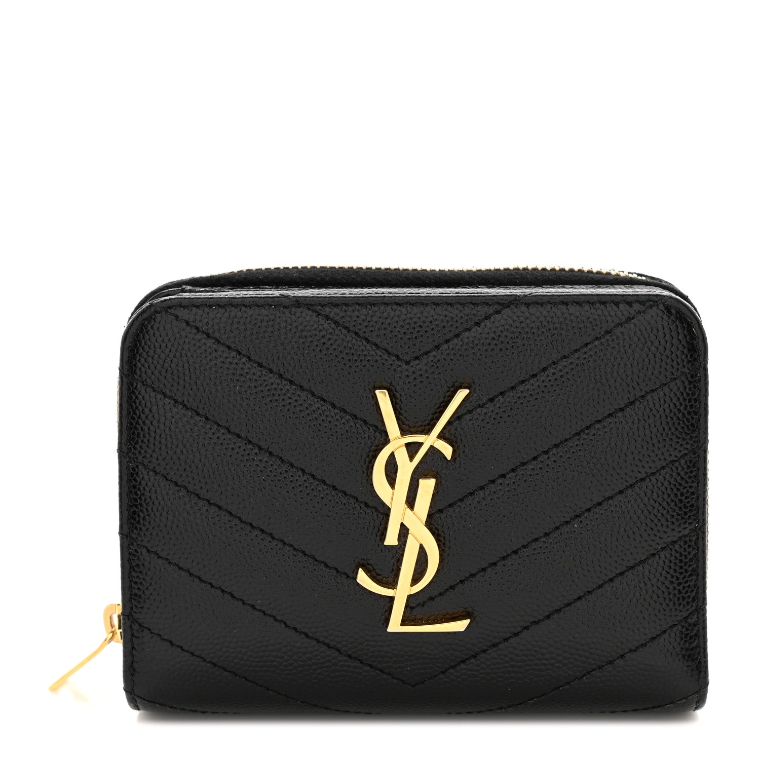 Saint Laurent SAINT LAURENT Grain De Poudre Matelasse Chevron Monogram Compact Zip Around Wallet Black 1 of 8
