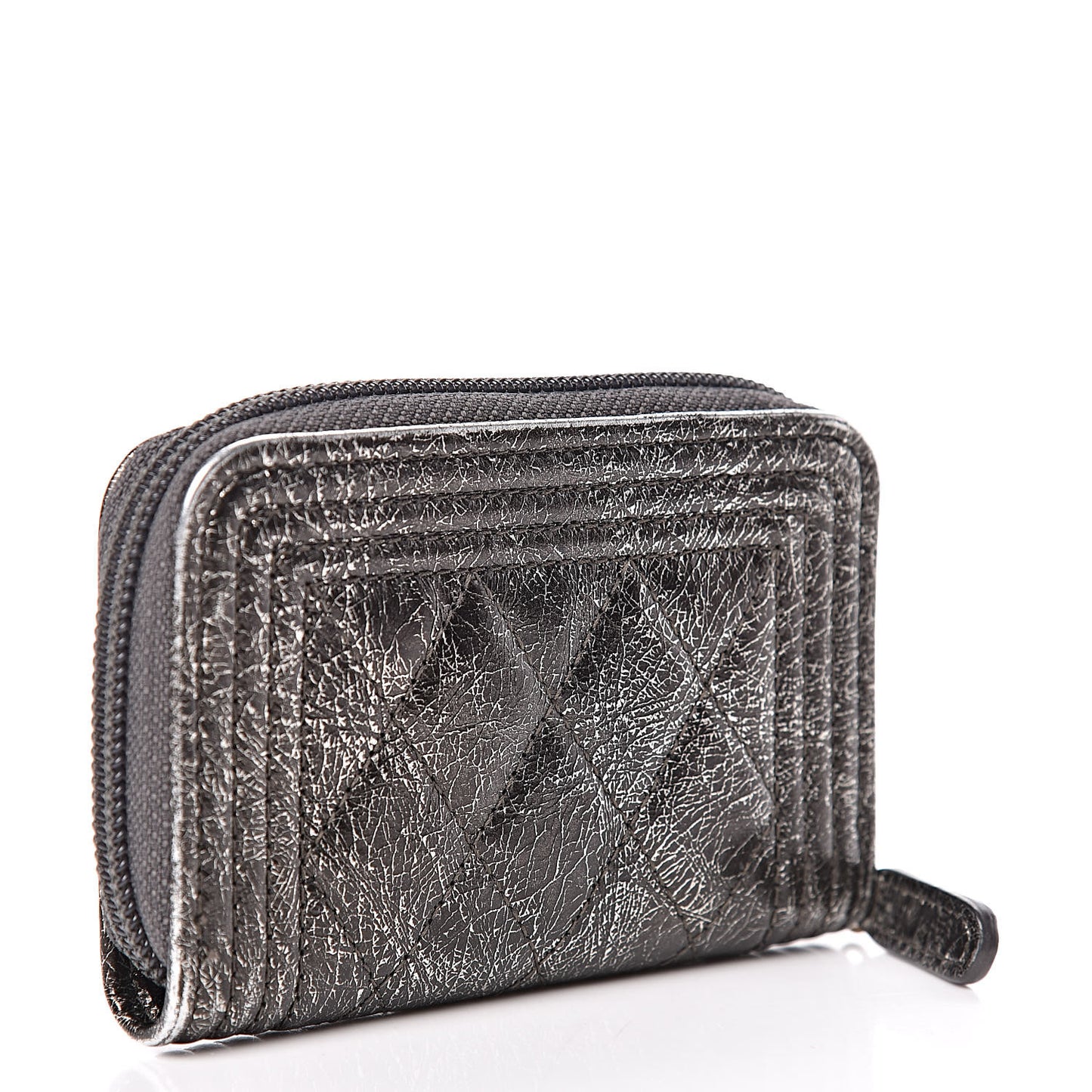 Cracked Metallic Calfskin Quilted Boy Zip Around Coin Purse Wallet Dark Silver