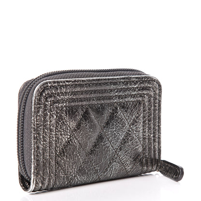 Chanel Cracked Metallic Calfskin Quilted Boy Zip Around Coin Purse Wallet Dark Silver 3 of 8