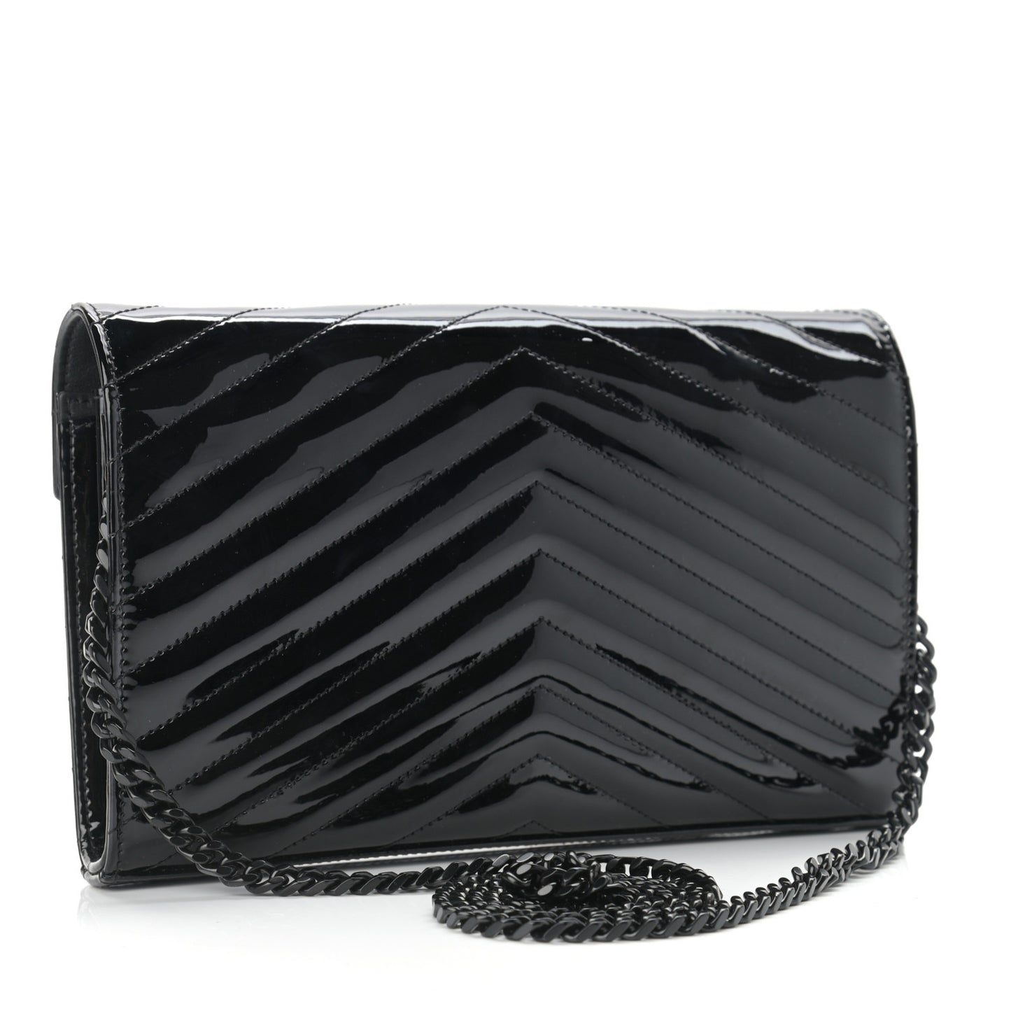 Patent Matelasse Chevron Monogram Chain Wallet Black