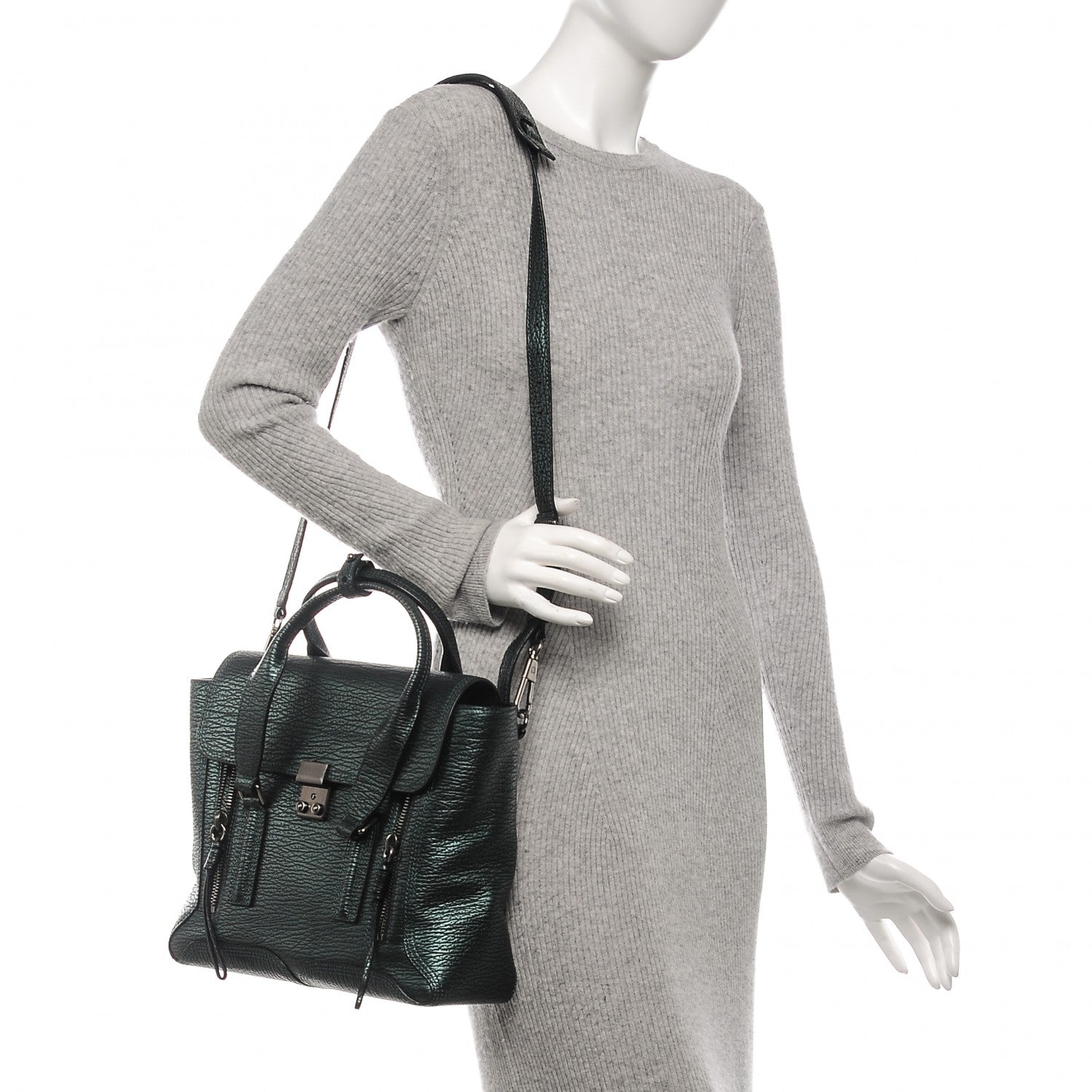 3.1 Phillip Lim 3.1 Metallic Textured Calfskin Medium Pashli Satchel Green 2 of 7