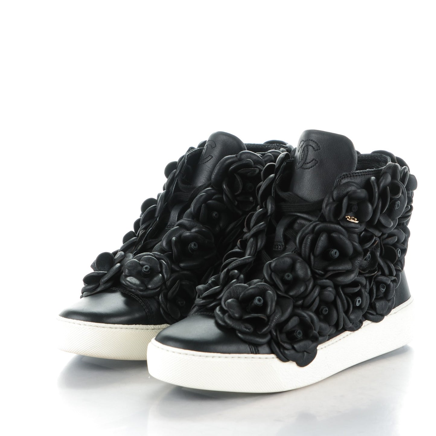 Calfskin Camellia High Top Sneakers 37.5 Black
