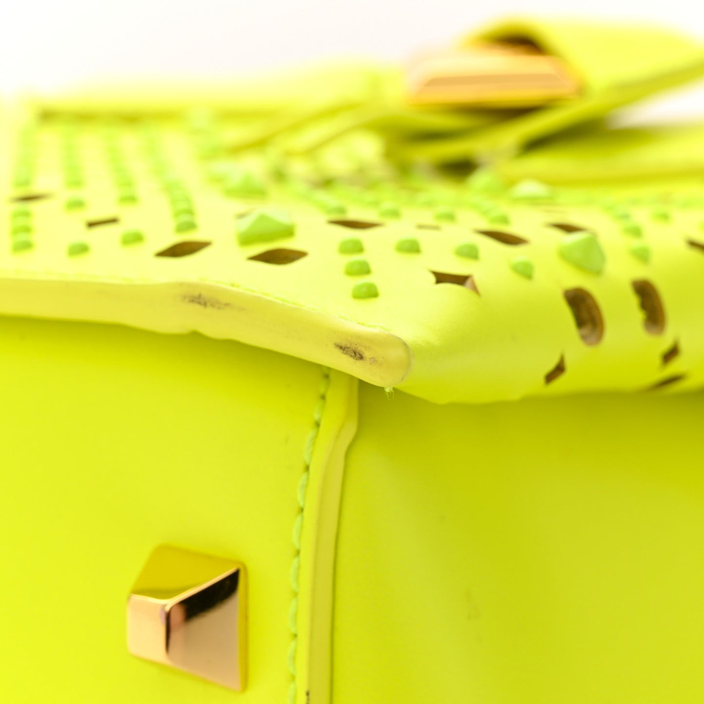 Perforated Calfskin Studded Mini Milla Tote Neon Yellow