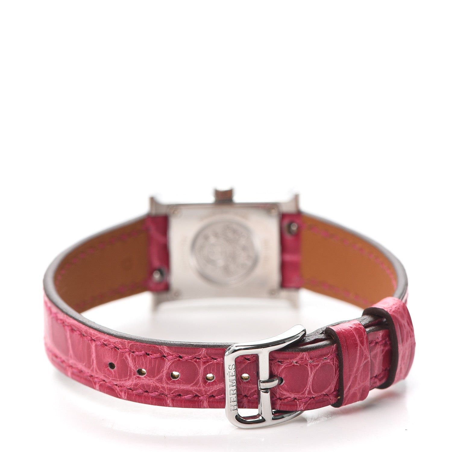 Hermes Stainless Steel Alligator Diamond Mother of Pearl 17.2mm Heure H Hour Quartz Watch Framboise 3 of 5