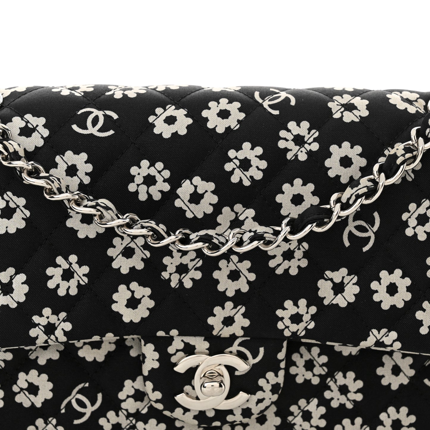 Canvas Floral Printed Quilted Medium Double Flap Black White