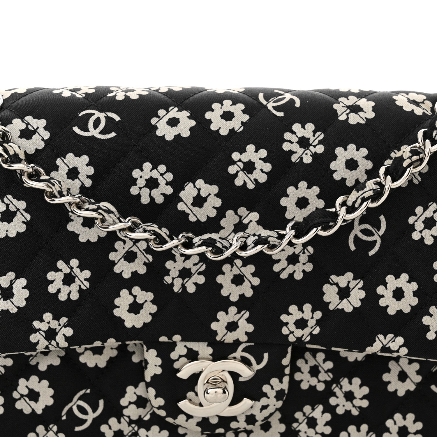 Chanel Canvas Floral Printed Quilted Medium Double Flap Black White 8 of 11