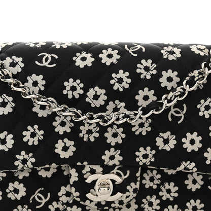 Chanel Canvas Floral Printed Quilted Medium Double Flap Black White 8 of 11