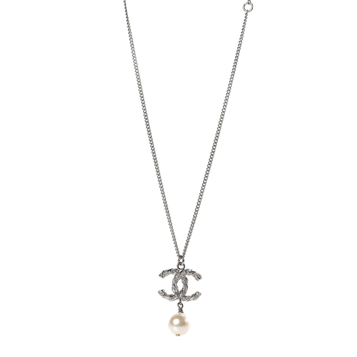 Crystal Pearl Twisted CC Drop Necklace Silver