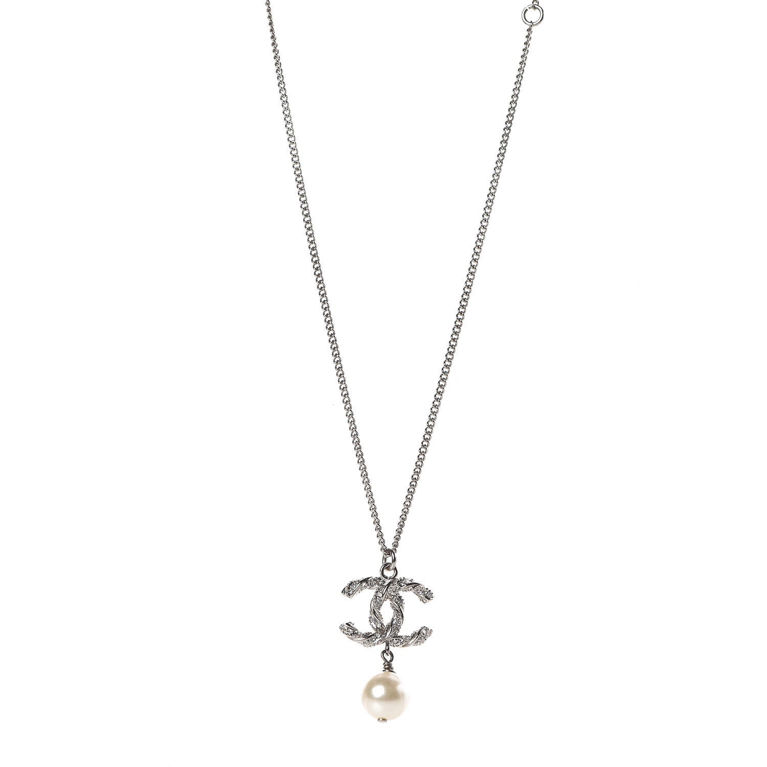 Chanel Crystal Pearl Twisted CC Drop Necklace Silver 1 of 6