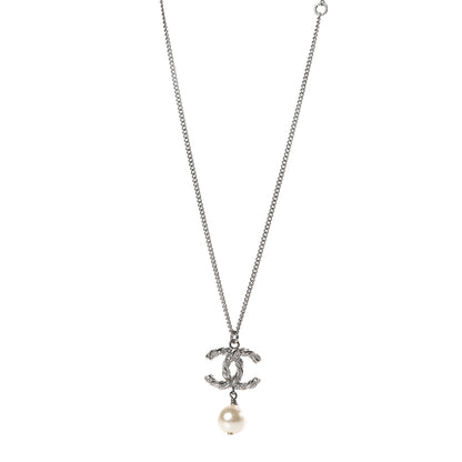 Chanel Crystal Pearl Twisted CC Drop Necklace Silver 1 of 6