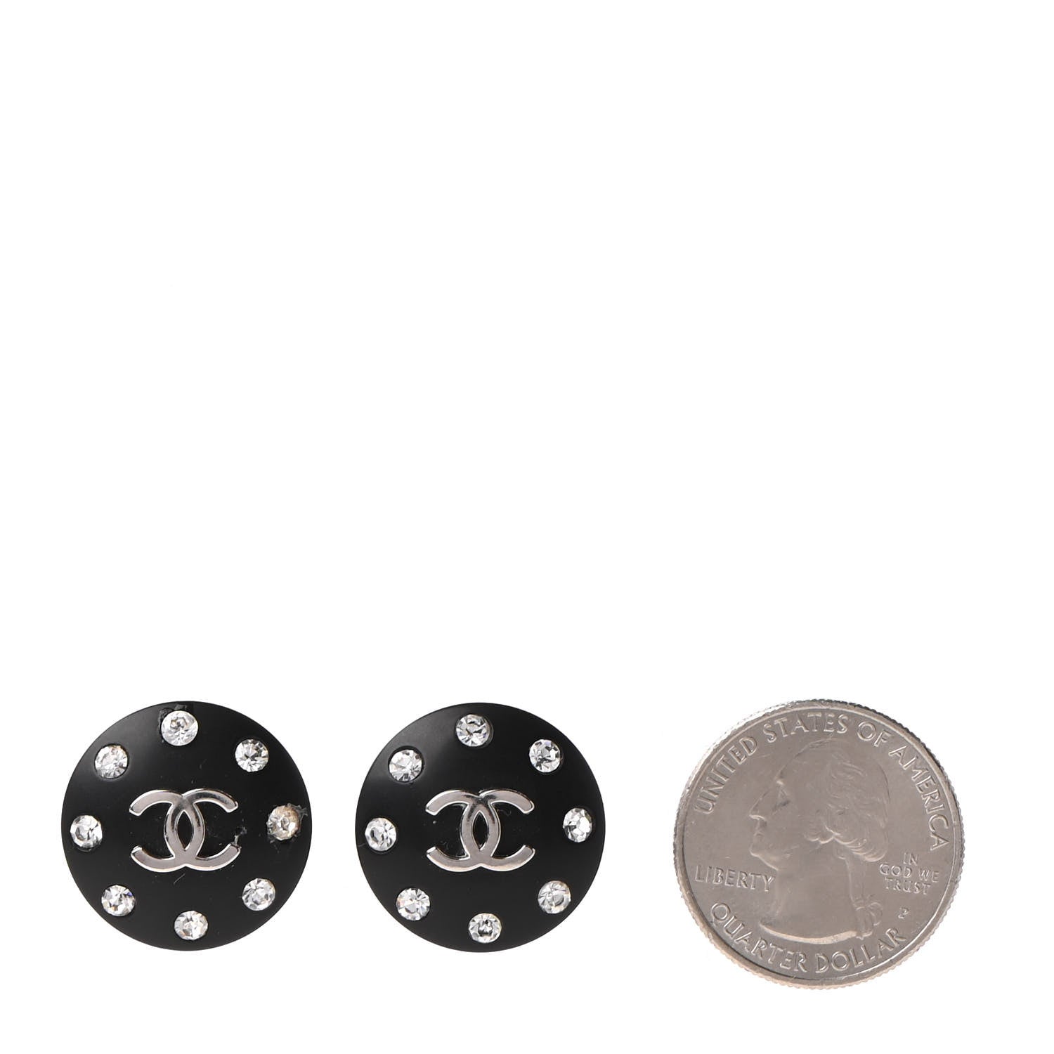 Chanel CC Crystal Studded Round Clip On Earrings Black Silver 2 of 5