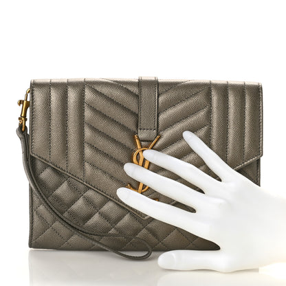 Saint Laurent Grain De Poudre Textured Mixed Matelasse Triquilt Monogram Clutch Piombo 2 of 8