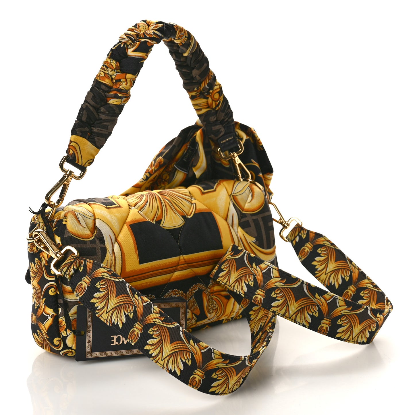 X VERSACE Silk Fendace FF Baroque Quilted Scarf Baguette Black Gold