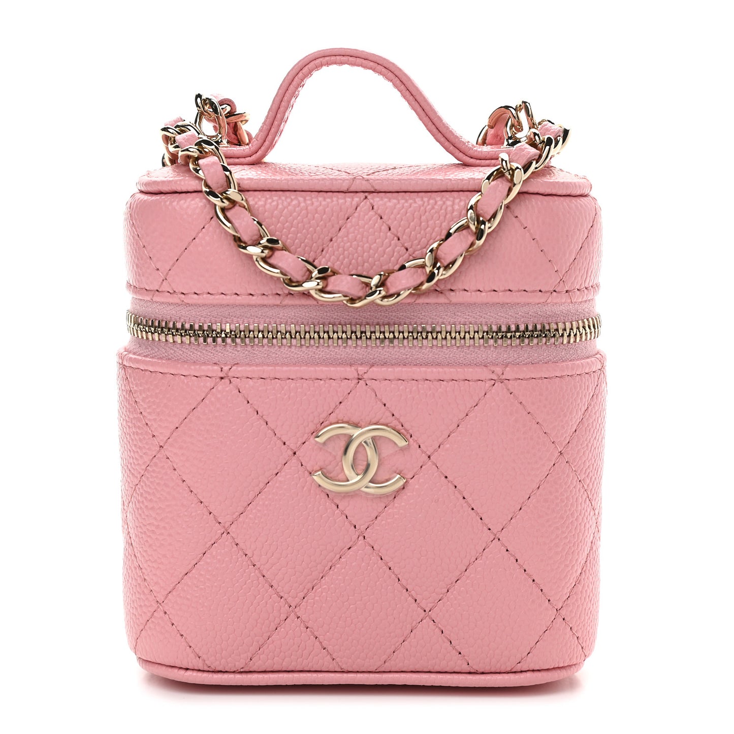 Caviar Quilted Small Handle With Care Vanity Case With Chain Pink