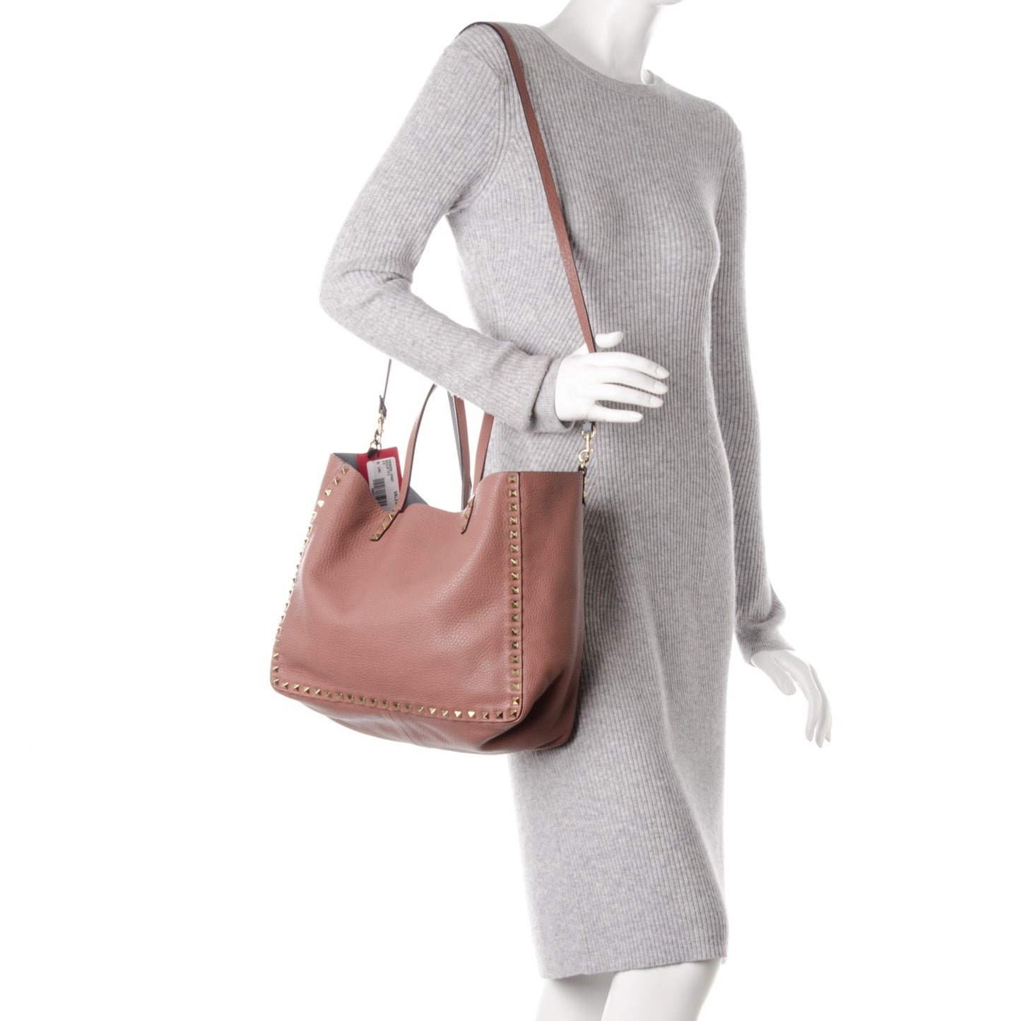 Grained Calfskin Medium Rockstud Reversible Tote Dark Rose Grey