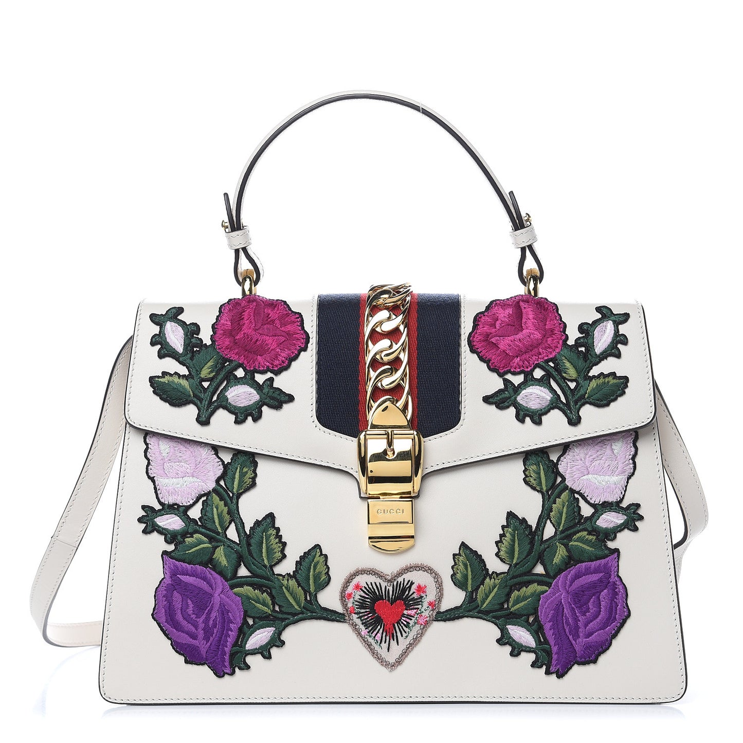 Calfskin Embroidered Medium Sylvie Top Handle Bag White