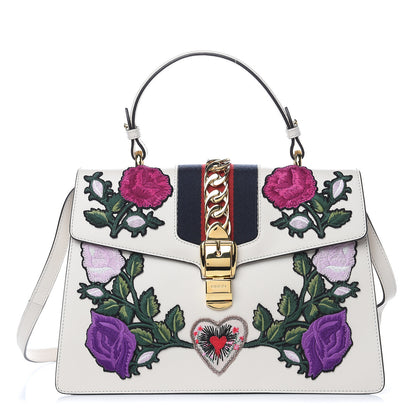 Gucci Calfskin Embroidered Medium Sylvie Top Handle Bag White 1 of 11