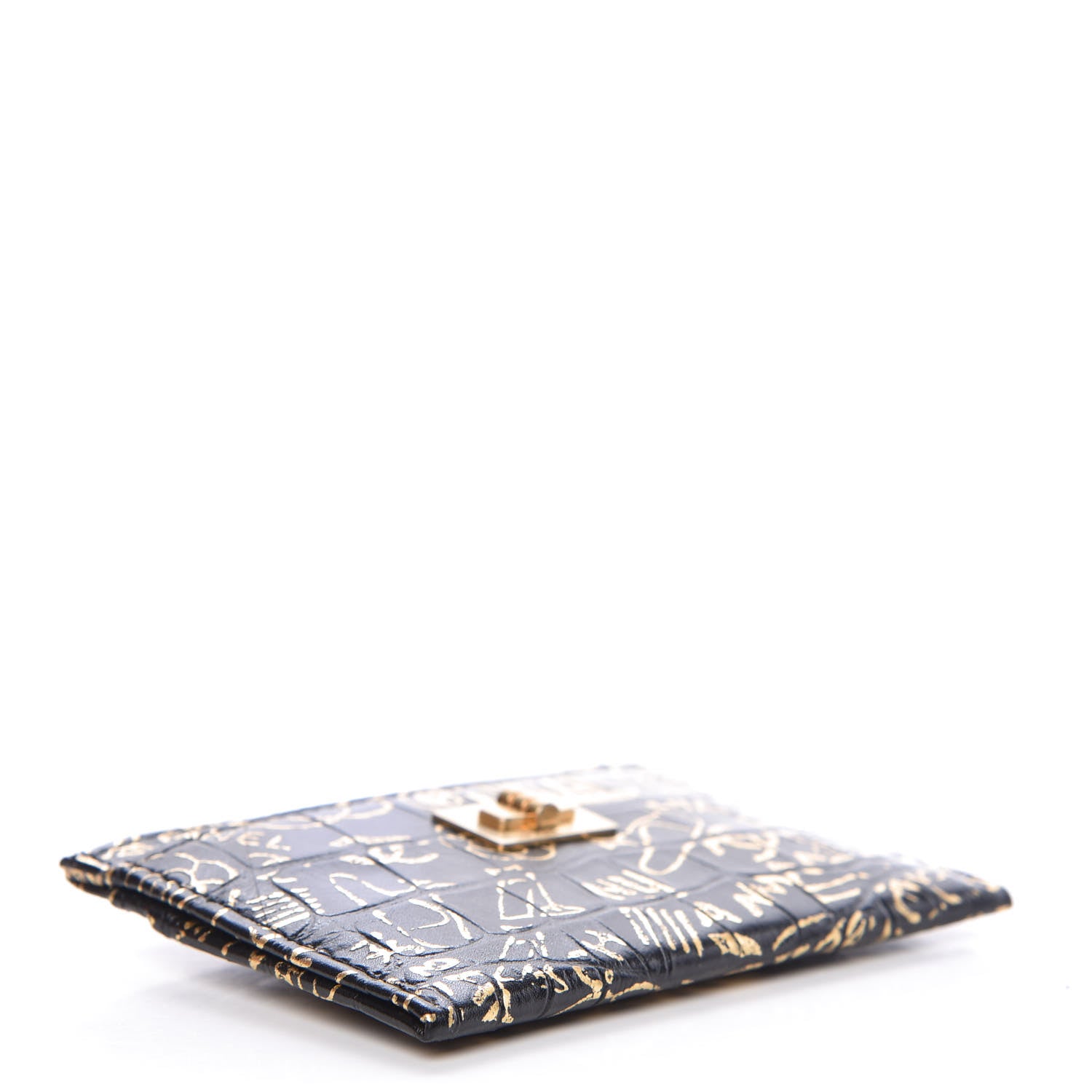Chanel Calfskin Crocodile Embossed Graffiti 2.55 Cocodile Reissue Card Holder Black Gold 4 of 9