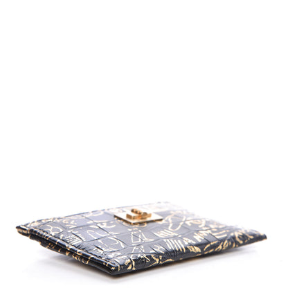 Chanel Calfskin Crocodile Embossed Graffiti 2.55 Cocodile Reissue Card Holder Black Gold 4 of 9