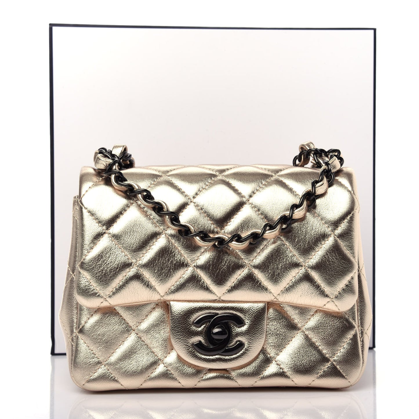 Metallic Lambskin Quilted Mini Square Flap Gold Black