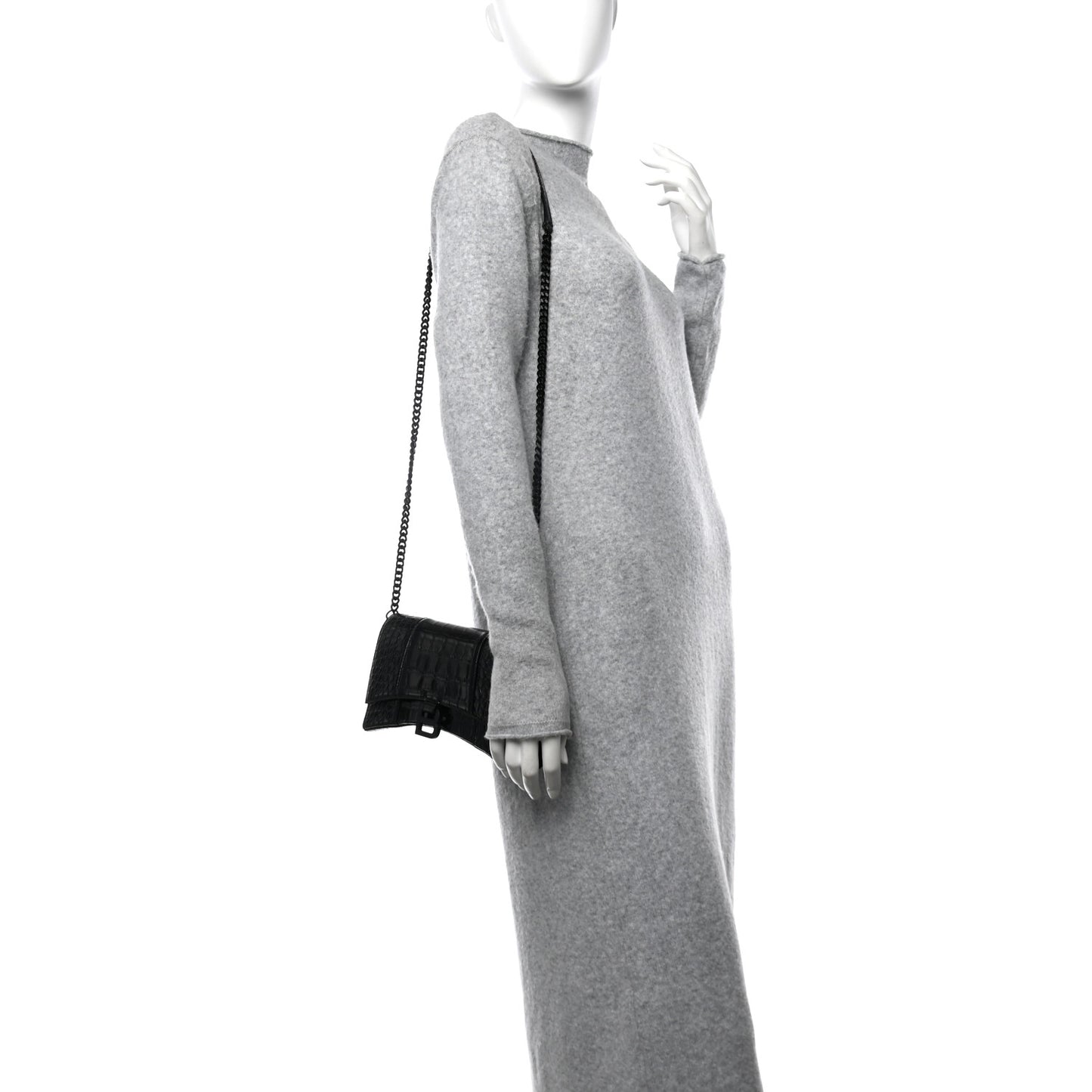 Shiny Calfskin Monochrome Crocodile Embossed Hourglass Chain Bag Black