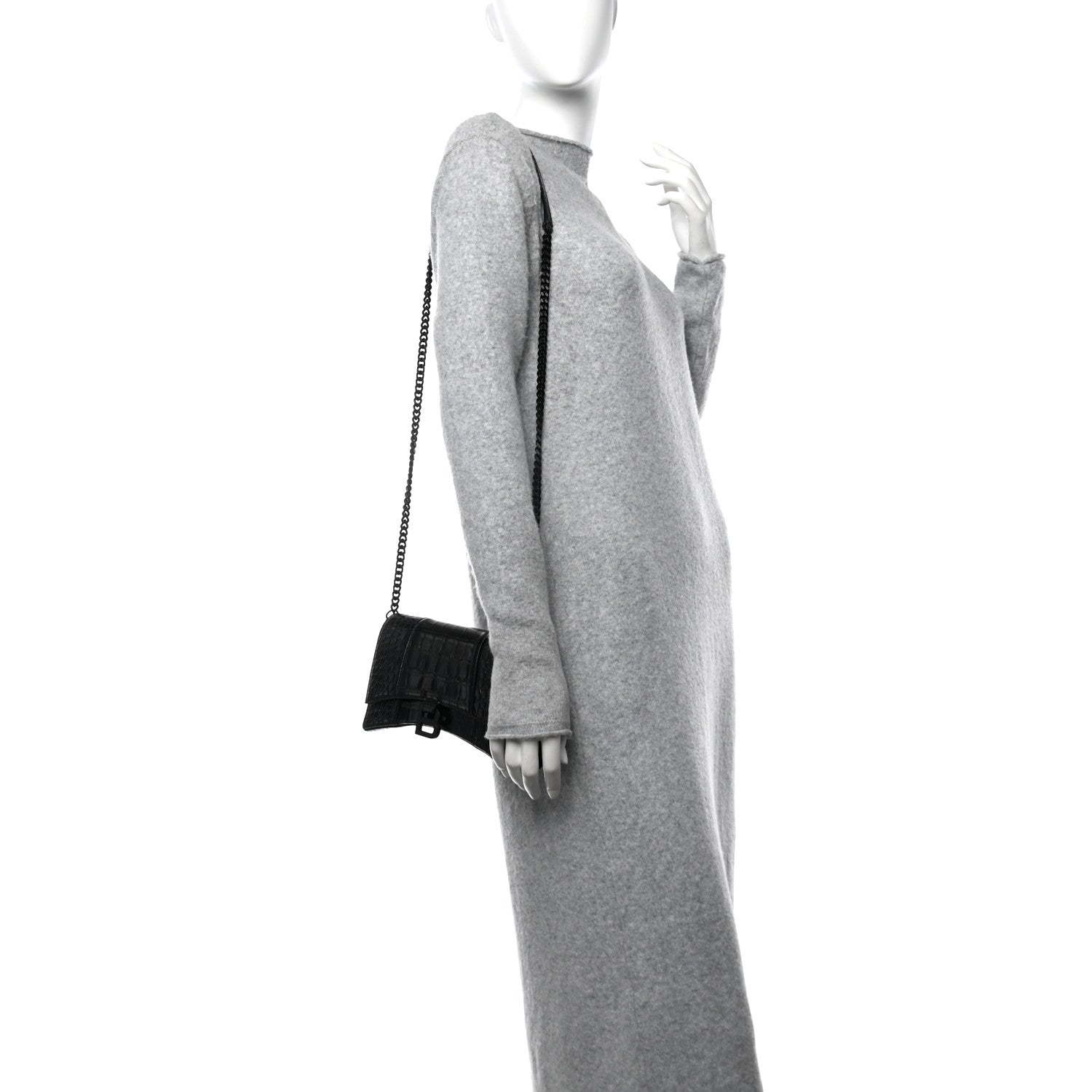 Balenciaga Shiny Calfskin Monochrome Crocodile Embossed Hourglass Chain Bag Black 2 of 12