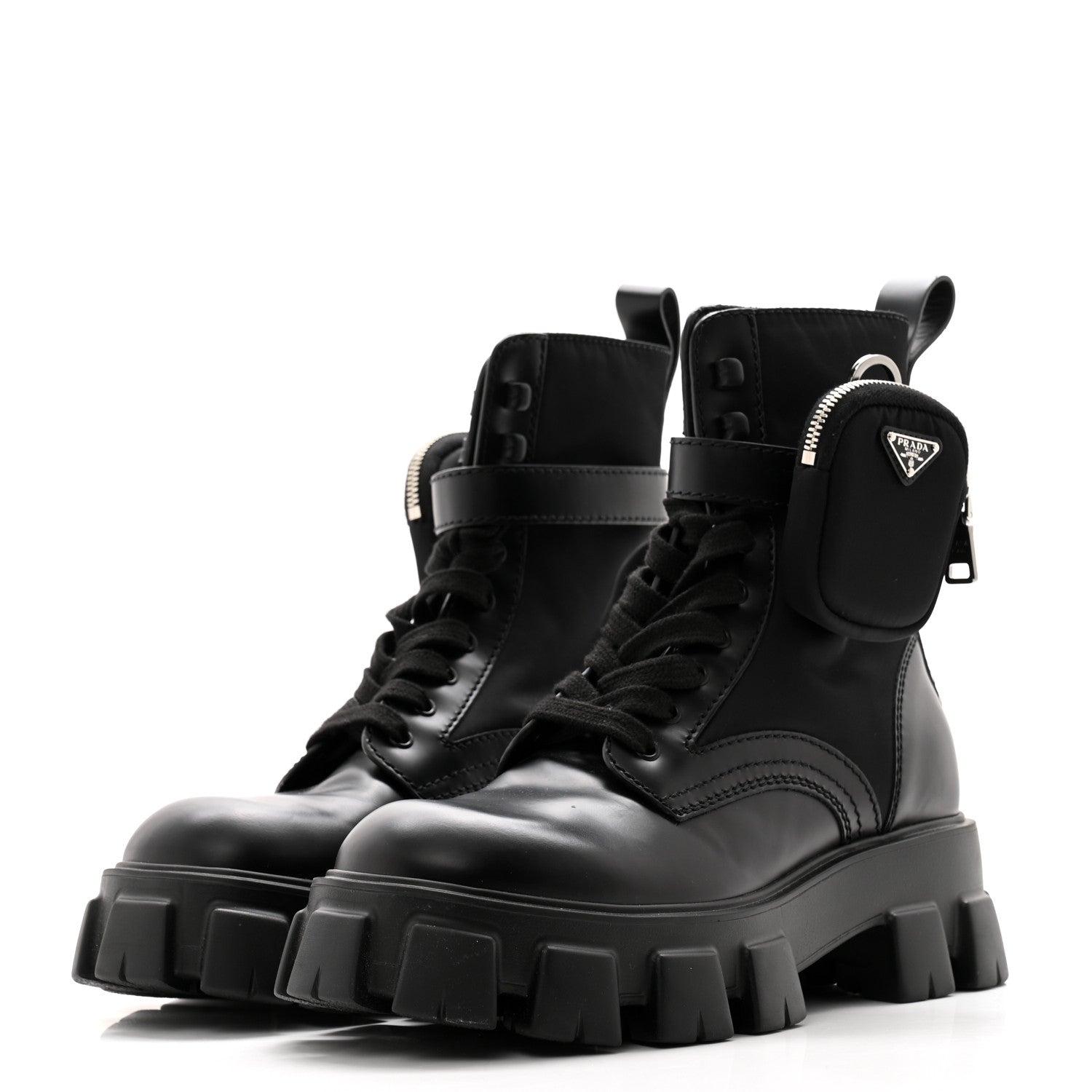 Prada Spazzolato Rois Re-Nylon Metal Triangle Logo Mens Monolith Pouch Pocket 60mm Combat Boots 8 Black 3 of 10