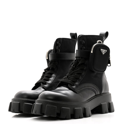 Prada Spazzolato Rois Re-Nylon Metal Triangle Logo Mens Monolith Pouch Pocket 60mm Combat Boots 8 Black 3 of 10